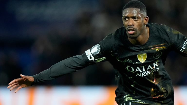 Ousmane Dembele celebrates his goal against Chelsea 