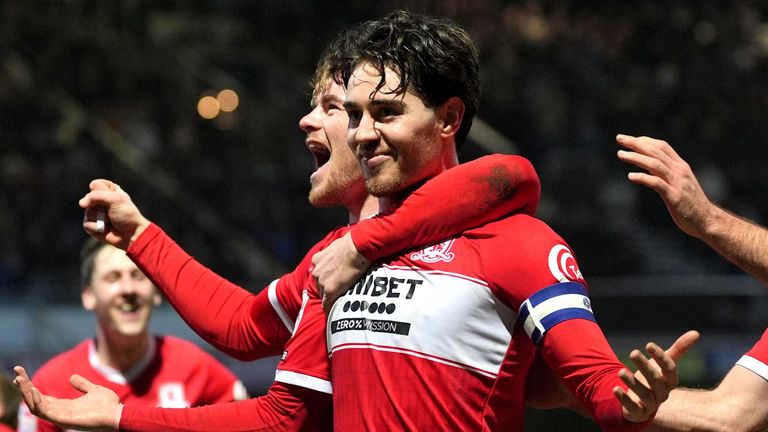 Hayden Hackney celebrates after scoring Middlesbrough's third goal at Loftus Road