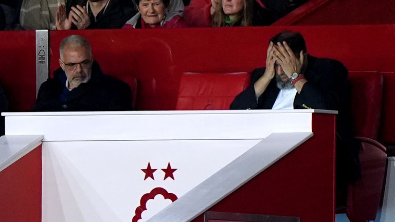 Nottingham Forest owner Evangelos Marinakis (R) was left with his head in his hands as Forest failed to score against Wolves