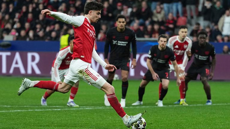 Arsenal's Kai Havertz scores a penalty against Bayer Leverkusen