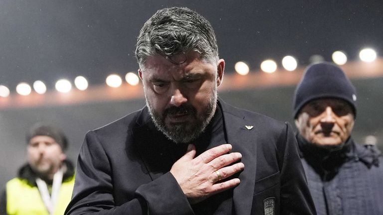 Italy's coach Gennaro Gattuso walks off the pitch after losing in a World Cup qualifying playoff final soccer match between Bosnia and Italy in Zenica, Bosnia, Tuesday, March 31, 2026. (Fabio Ferrari/LaPresse via AP)