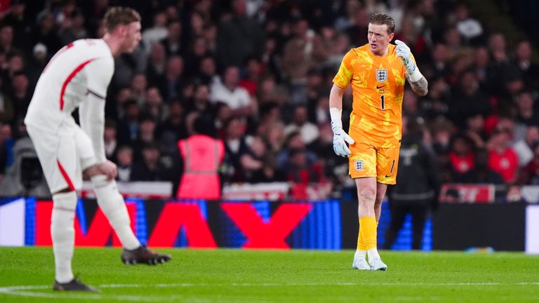 England goalkeeper Jordan Pickford after conceding the opening goal during the international friendly match at Wembley Stadium, London.