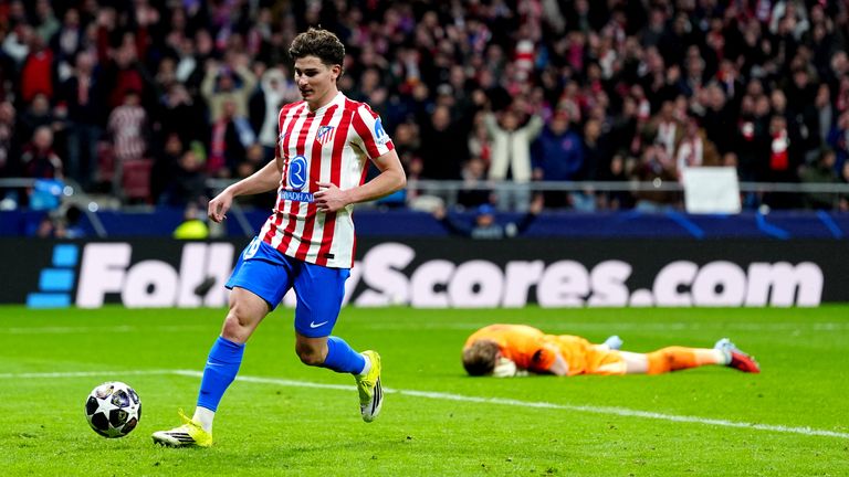 Atletico Madrid's Julian Alvarez scores their third goal of the game after another mistake by Spurs' Antonin Kinsky