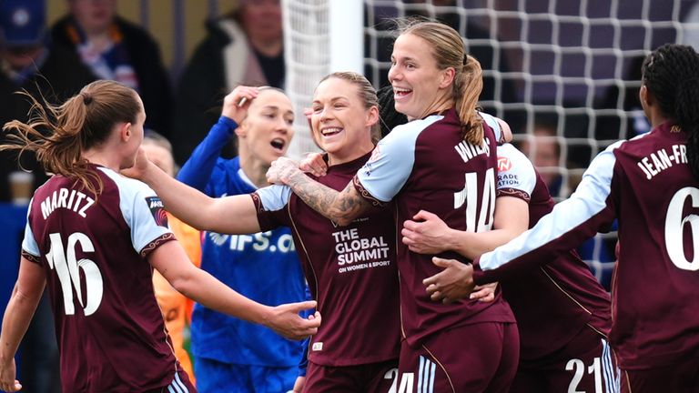 Aston Villa's Kirsty Hanson celebrates scoring their equaliser to level at 3-3