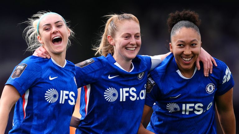Chelsea's Lauren James (right) celebrates scoring their third goal