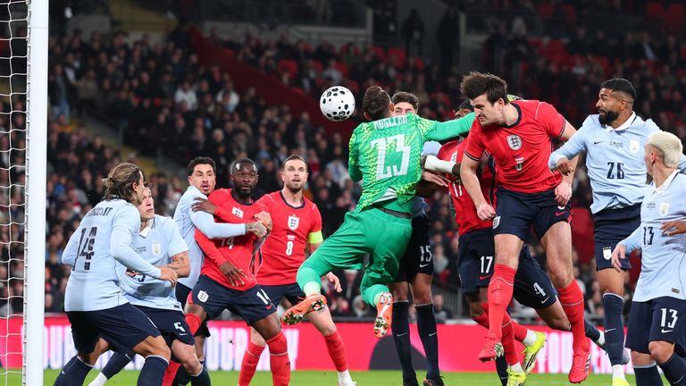 England's Harry Maguire heads at goal against Uruguay