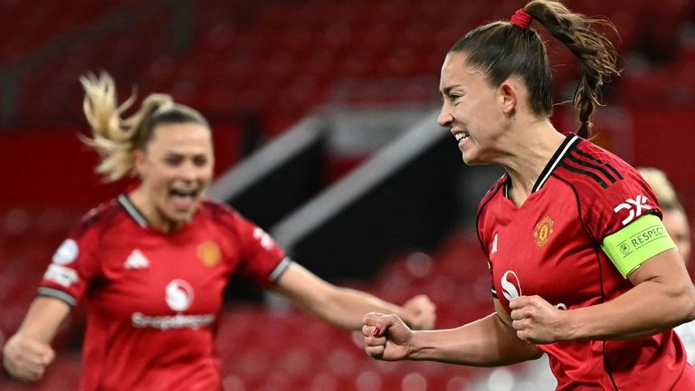 Maya Le Tissier celebrates equalising from the spot for Man Utd against Bayern Munich