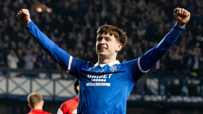 GLASGOW, SCOTLAND - MARCH 21: Rangers' Mikey Moore celebrates scoring to make it 2-0 during a William Hill Premiership match between Rangers and Aberdeen at Ibrox Stadium, on March 21, 2026, in Glasgow, Scotland. (Photo by Alan Harvey / SNS Group)