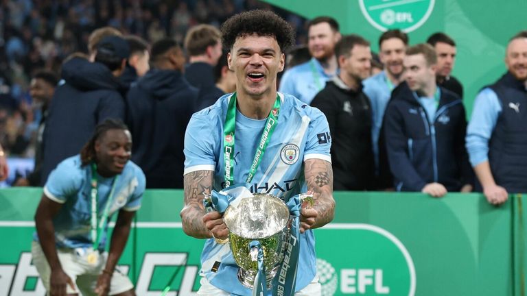 Man of the match Nico O'Reilly celebrates with the Carabao Cup
