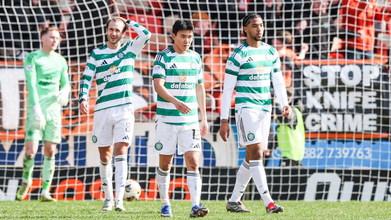Celtic's Benjamin Nygren, Hyunjun Yang and Benjamin Arthur (L-R) look dejected 