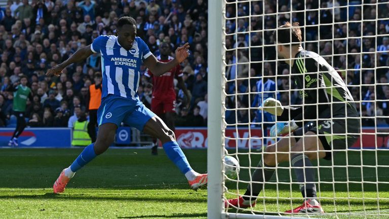 Danny Welbeck scores his second goal of the game to restore Brighton's lead against Liverpool