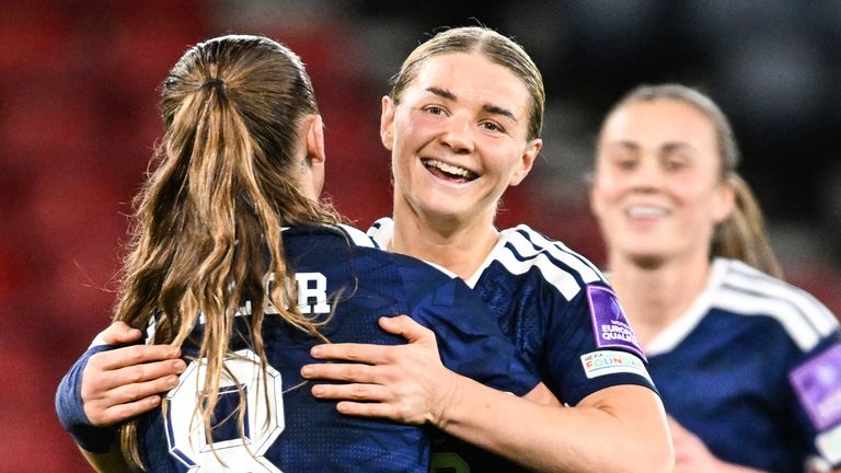 GLASGOW, SCOTLAND - MARCH 07: Scotland's Maria McAneny celebrates with Miri Taylor (L) after scoring to make it 7-0 during a FIFA Women's World Cup qualifying match between Scotland and Luxembourg at Barclays Hampden, on March 07. 2026, in Glasgow, Scotland. (Photo by Rob Casey / SNS Group)