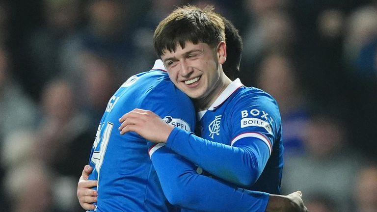 Mikey Moore celebrates after putting Rangers 2-0 up against Aberdeen