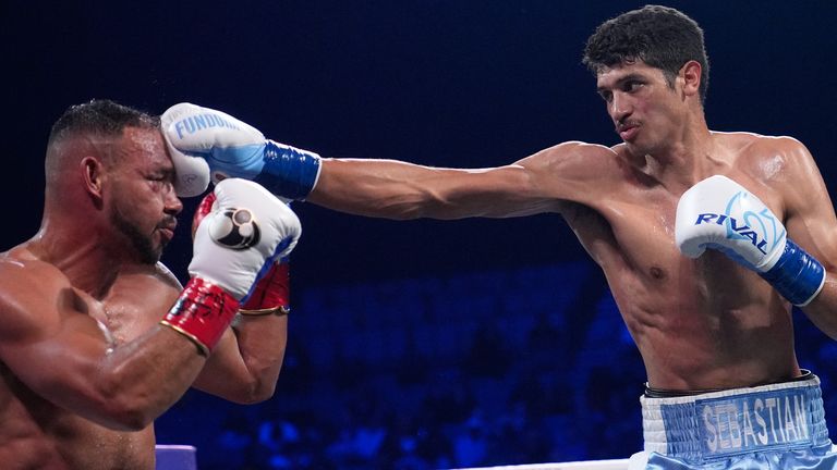 Sebastian Fundora hits Keith Thurman in a super-welterweight bout in March 2026 (Associated Press)