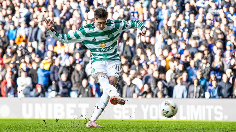 Celtic's Tomas Cvancara scores in the winning penalty against Rangers