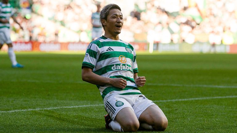 Celtic's Daizen Maeda celebrates scoring to make it 3-1