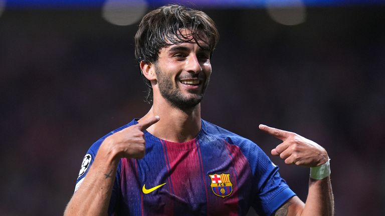 Barcelona's Ferran Torres celebrates after scoring his side's second goal the Champions League quarterfinal second leg soccer match between Atletico Madrid and Barcelona in Madrid, Spain, Tuesday, April 14, 2026. (AP Photo/Manu Fernandez)