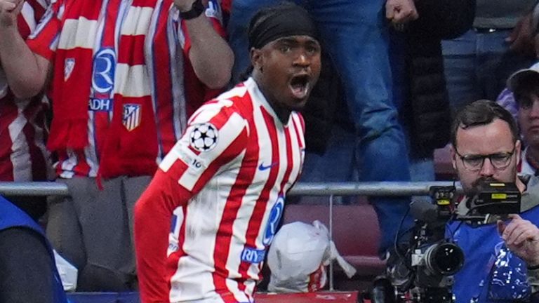 Ademola Lookman celebrates after scoring a goal against Barcelona