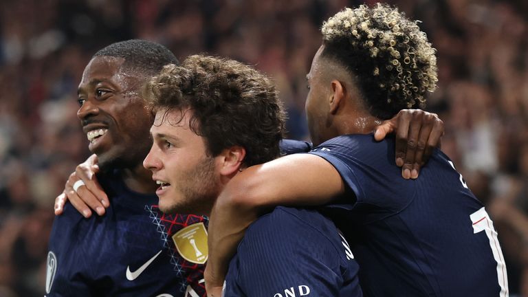 PSG players celebrate a goal against Bayern Munich in the Champions League semi-final first leg on April 28