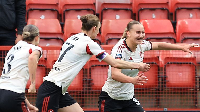 Zara Shaw celebrates putting Liverpool Women in front in extra-time at Charlton