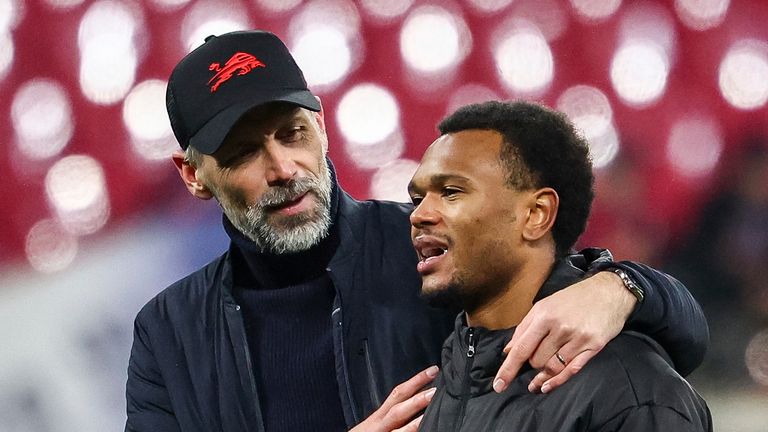 Marco Rose and Lois Openda embrace at RB Leipzig in December 2024