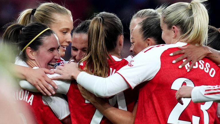 Arsenal's Mariona Caldentey (left) celebrates scoring the sixth goal against Leicester