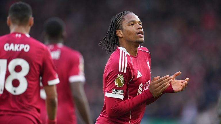 Liverpool's Rio Ngumoha celebrates after scoring his side's opening goal (AP Photo/Jon Super)