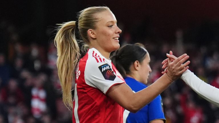 Arsenal's Smilla Holmberg celebrates scoring the fifth goal against Leicester
