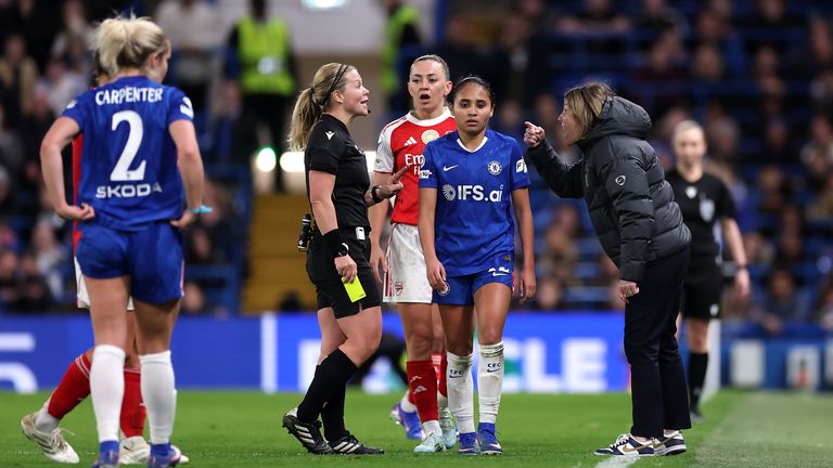 Chelsea manager Sonia Bompastor reacts after being shown a yellow card by referee Frida Mia Klarlund