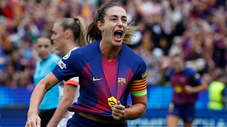 Alexia Putellas celebrates after scoring Barcelona's second goal against Bayern Munich
