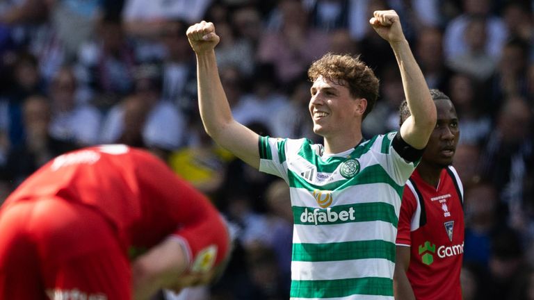 Celtic's Arne Engels celebrates scoring to make it 2-0 during the Scottish Cup Final