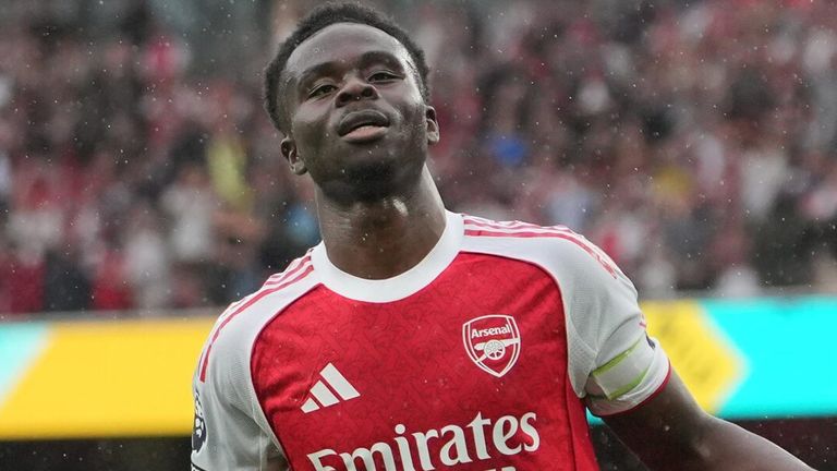 Bukayo Saka celebrates after scoring Arsenal's second goal against Fulham