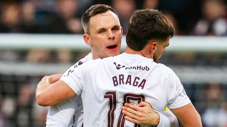 DUNDEE, SCOTLAND - JANUARY 11: Hearts' Claudio Braga (R) celebrates scoring to make it 1-0 with teammate Lawrence Shankland during a William Hill Premiership match between Dundee and Heart of Midlothian at Dens Park, on January 11, 2026, in Dundee, Scotland. (Photo by Ross Parker / SNS Group)