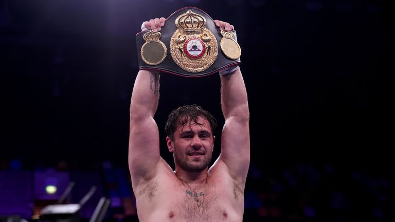Dave Allen celebrates after knocking out Johnny Fisher to win during their Heavyweight bout at the Copper Box Arena