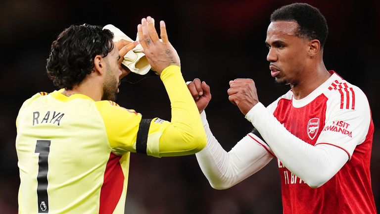 David Raya and Gabriel celebrate after Arsenal beat Burnley