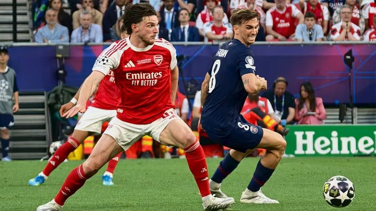 Arsenal's Declan Rice and PSG's Fabian Ruiz during the Champions League final [Credit: OPPO]
