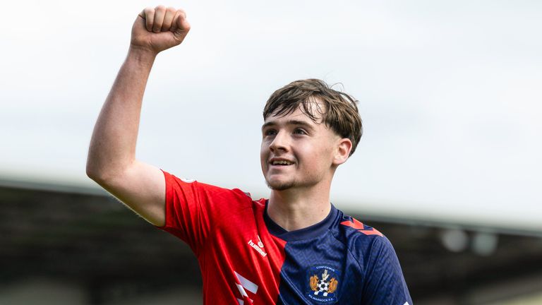 PAISLEY, SCOTLAND - MAY 09: Kilmarnock's Findlay Curtis celebrates scoring to make it 3-0 during a William Hill Premiership match between St Mirren and Kilmarnock at the SMiSA Stadium, on May 09, 2026, in Paisley, Scotland.  (Photo by Craig Foy / SNS Group)