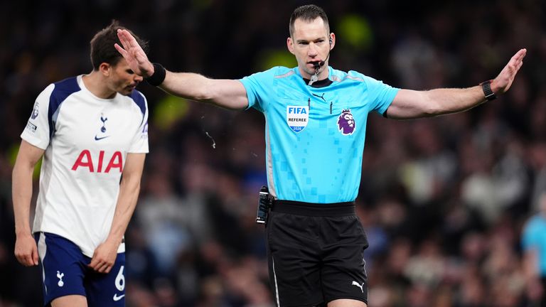Jarred Gillett waves away Spurs' penalty appeals against Leeds
