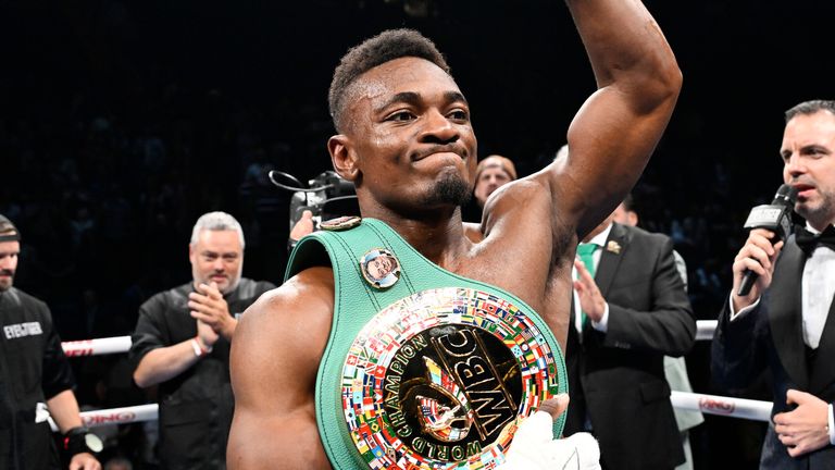 Christian Mbilli celebrates after winning the WBC Interim Super Middleweight title over Maciej Sulecki in 2025