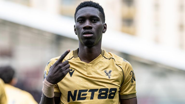 Ismaila Sarr celebrates after giving Crystal Palace the lead at Brentford