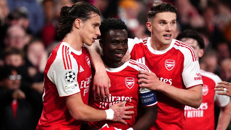 Arsenal celebrate Bukayo Saka's opener against Atletico in the Champions League semi-final second leg