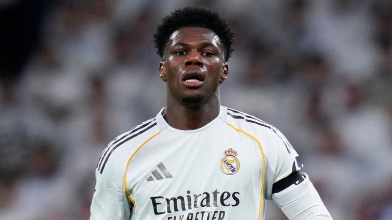 Real Madrid's Aur..lien Tchouam..ni during a Spanish La Liga soccer match between Real Madrid and Getafe in Madrid, Spain, Monday, March 2, 2026. (AP Photo/Manu Fernandez)