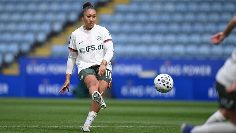 Lauren James scores her second goal of the game in Chelsea's win against Leicester