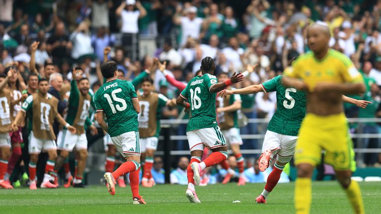 Julian Quinones celebrates after scoring in the World Cup for Mexico against South Africa at Estadio Azteca
