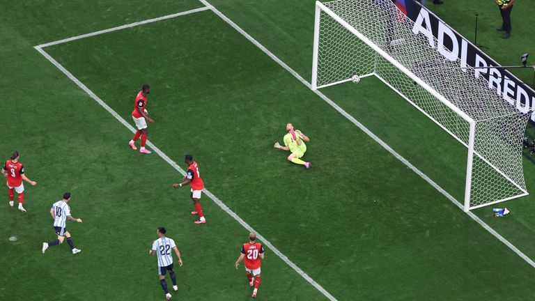 Argentina's Lionel Messi scores a goal to break the World Cup scoring record vs Austria