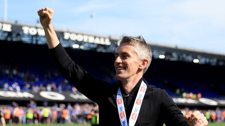 Kieran McKenna celebrating leading Ipswich to promotion back to the Premier League in May 2026