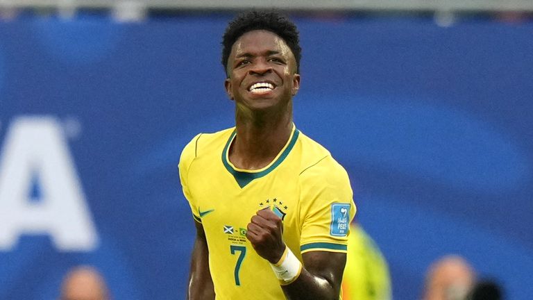 Brazil's Vinicius Junior celebrates after opening the scoring in Miami (AP Photo/Lynne Sladky)