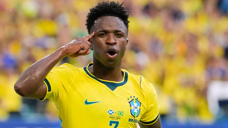 Brazil's Vinicius Junior celebrates after scoring his team's second goal (AP Photo/Rebecca Blackwell)