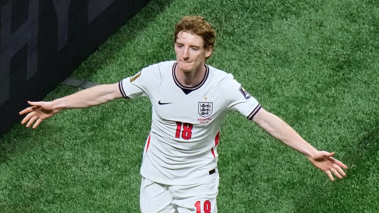 England's Anthony Gordon celebrates scoring against Argentina (AP Photo/Lynne Sladky)