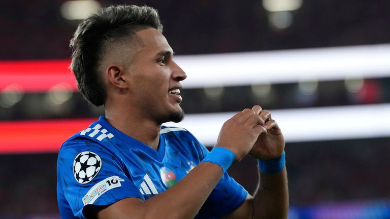Qarabag's Camilo Duran celebrates his side's second goal during a Champions League opening phase match between SL Benfica and Qarabag FK